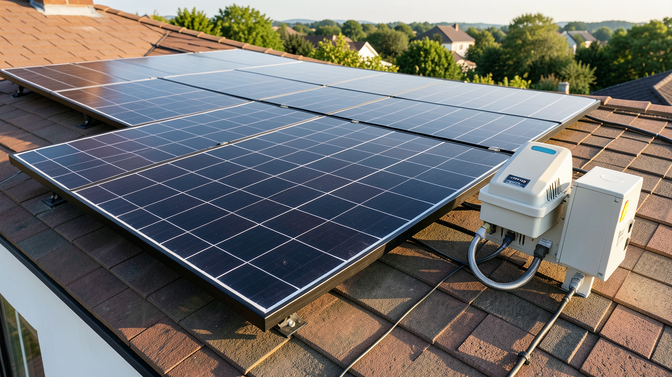 panneau solaire 220v 3000w : kit solaire 3000W 220V installé sur un toit de maison avec onduleur et boîtier de connexion
