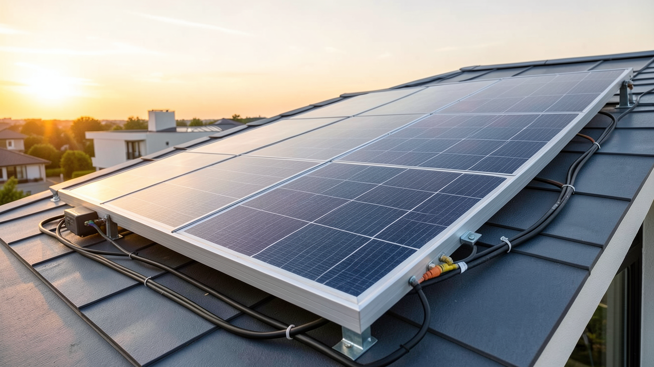 panneau solaire 220V avec batterie installé sur le toit d'une maison moderne