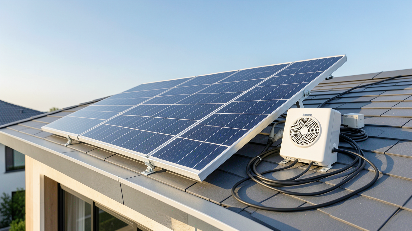 panneau solaire 220v avec batterie installé sur un toit de maison moderne, kit solaire complet avec onduleur et câbles
