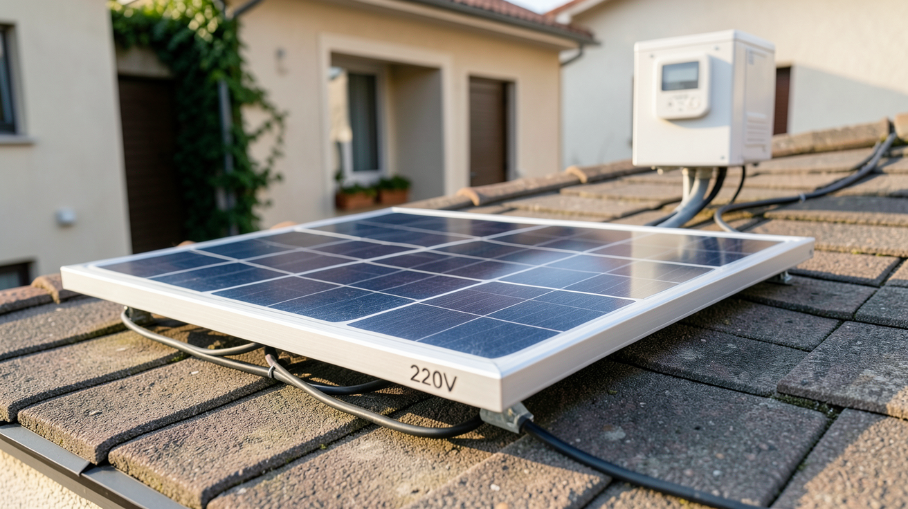 panneau solaire 220V installé sur le toit d'une maison avec compteur électrique en arrière-plan