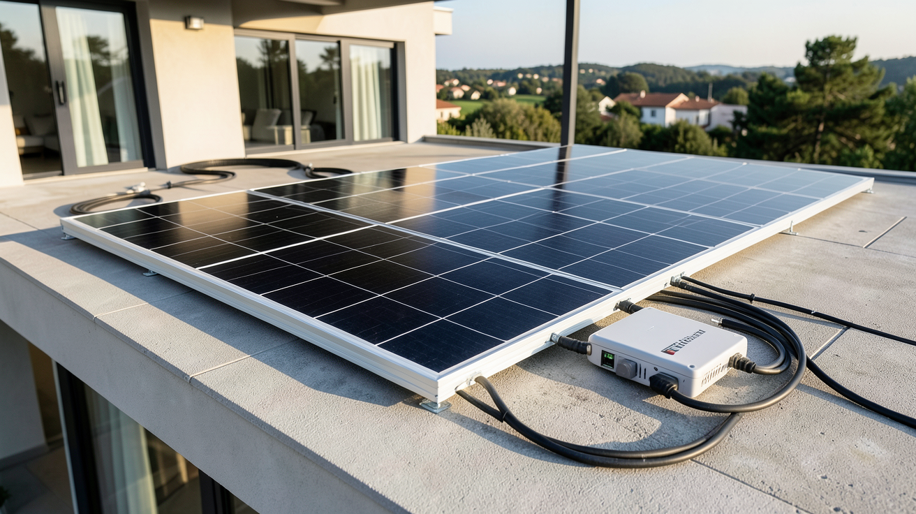 panneau solaire 220v kit plug-and-play installé sur le toit d'une maison moderne