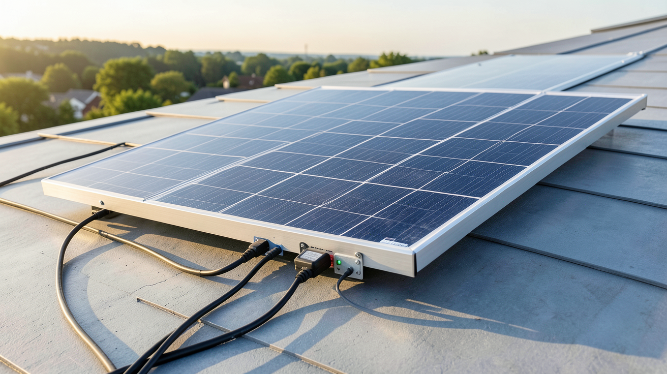 panneau solaire 220V plug & play installé sur un toit de maison moderne avec boîtier de contrôle et câbles connectés