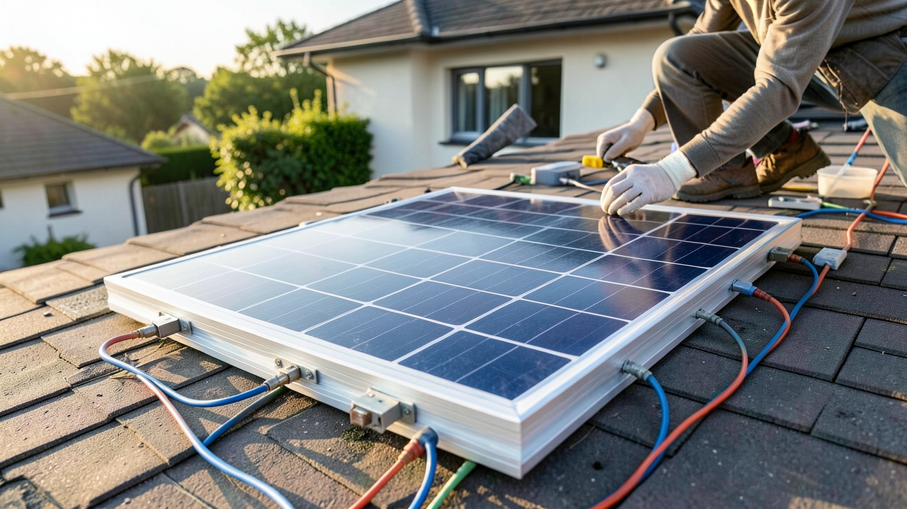 panneau solaire 220V pour maison en cours d'installation sur un toit résidentiel, étape de déballage des composants