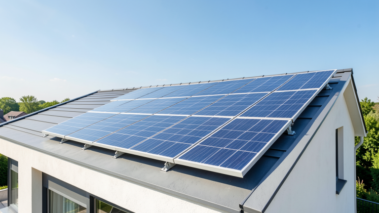 panneau solaire 220v pour maison installé sur une toiture résidentielle moderne sous un ciel dégagé