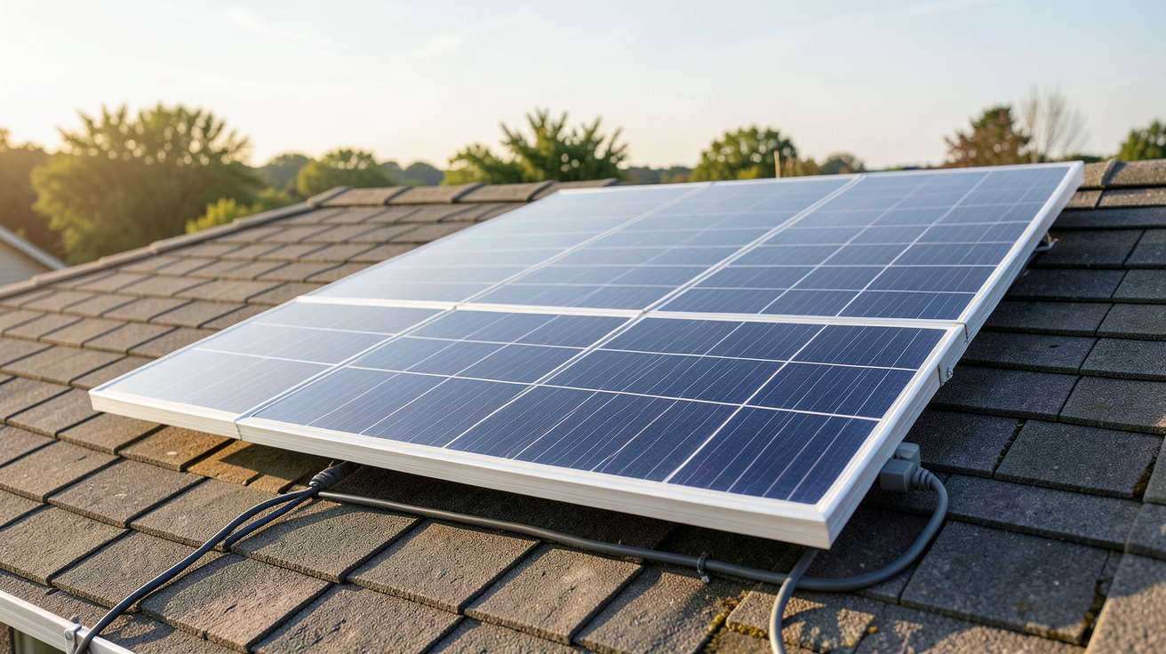 panneau solaire 220V sans batterie installé sur un toit résidentiel avec câbles connectés à un onduleur