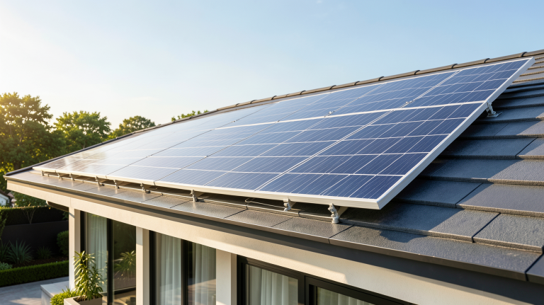panneau solaire 220v sans batterie installé sur le toit d'une résidence moderne