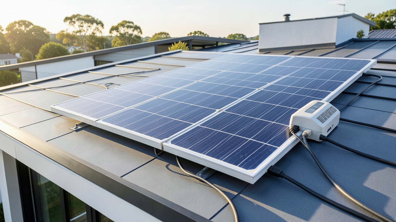 panneau solaire 220V sans batterie installé sur un toit de maison moderne avec onduleur
