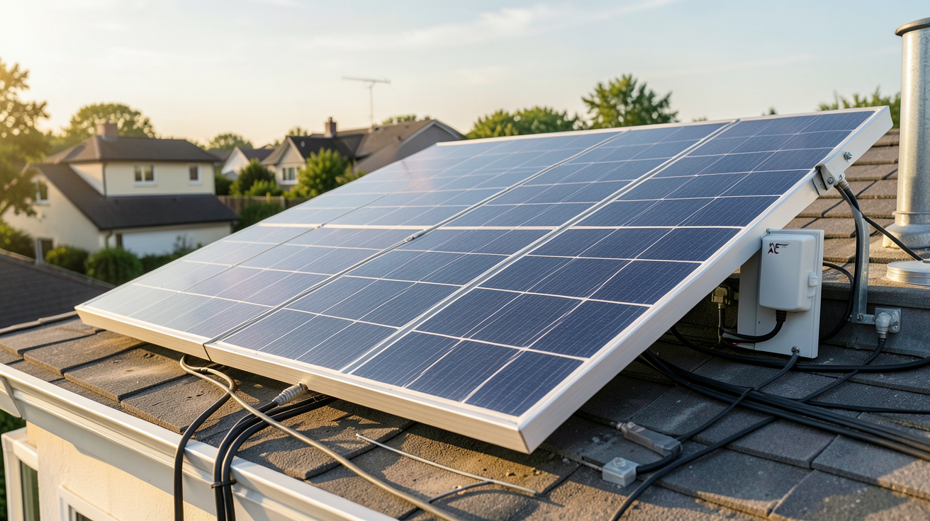 panneau solaire 220V sans batterie avec micro-onduleurs, coffret AC et câbles de connexion sur un toit résidentiel