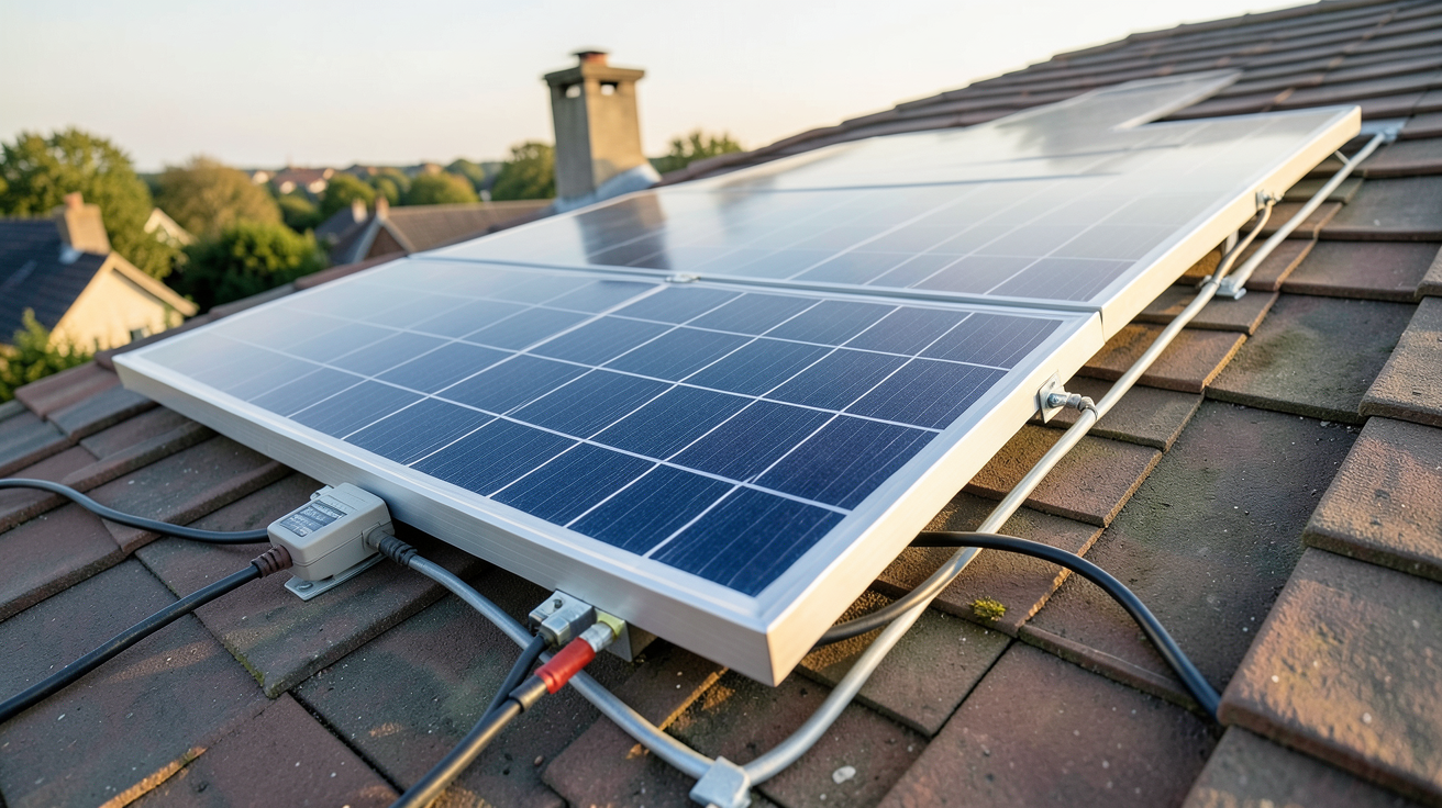 panneau solaire 230V installé sur un toit avec câbles et boîtier de connexion pour le dimensionnement d'une installation