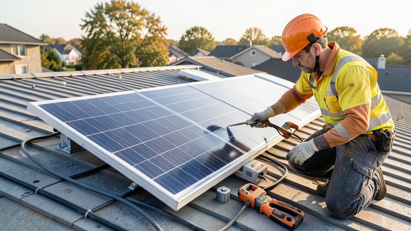 panneau solaire 230V en cours d'installation sur un toit résidentiel avec un professionnel