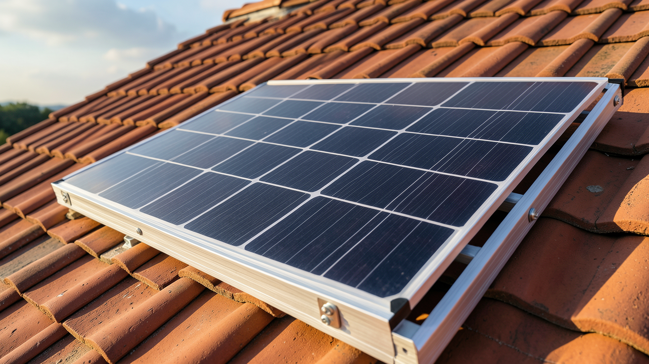 panneau solaire 230W monocristallin posé sur un toit en tuiles rouges avec lumière naturelle du matin