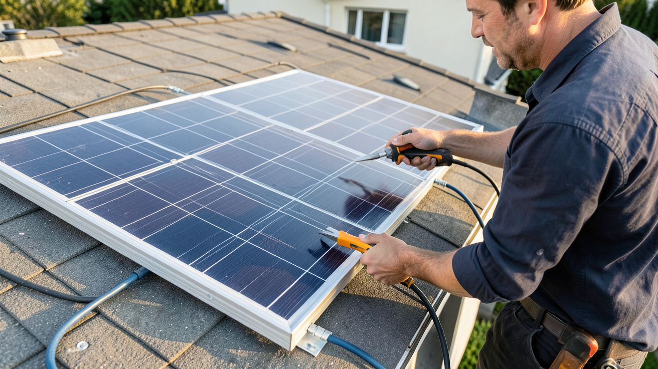 panneau solaire 230w en cours d'installation sur un toit résidentiel par un particulier