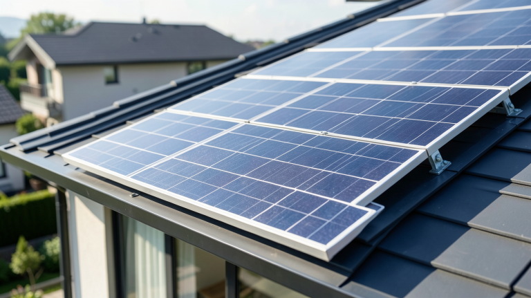 panneau solaire 230w installé sur un toit résidentiel sous une lumière solaire éclatante