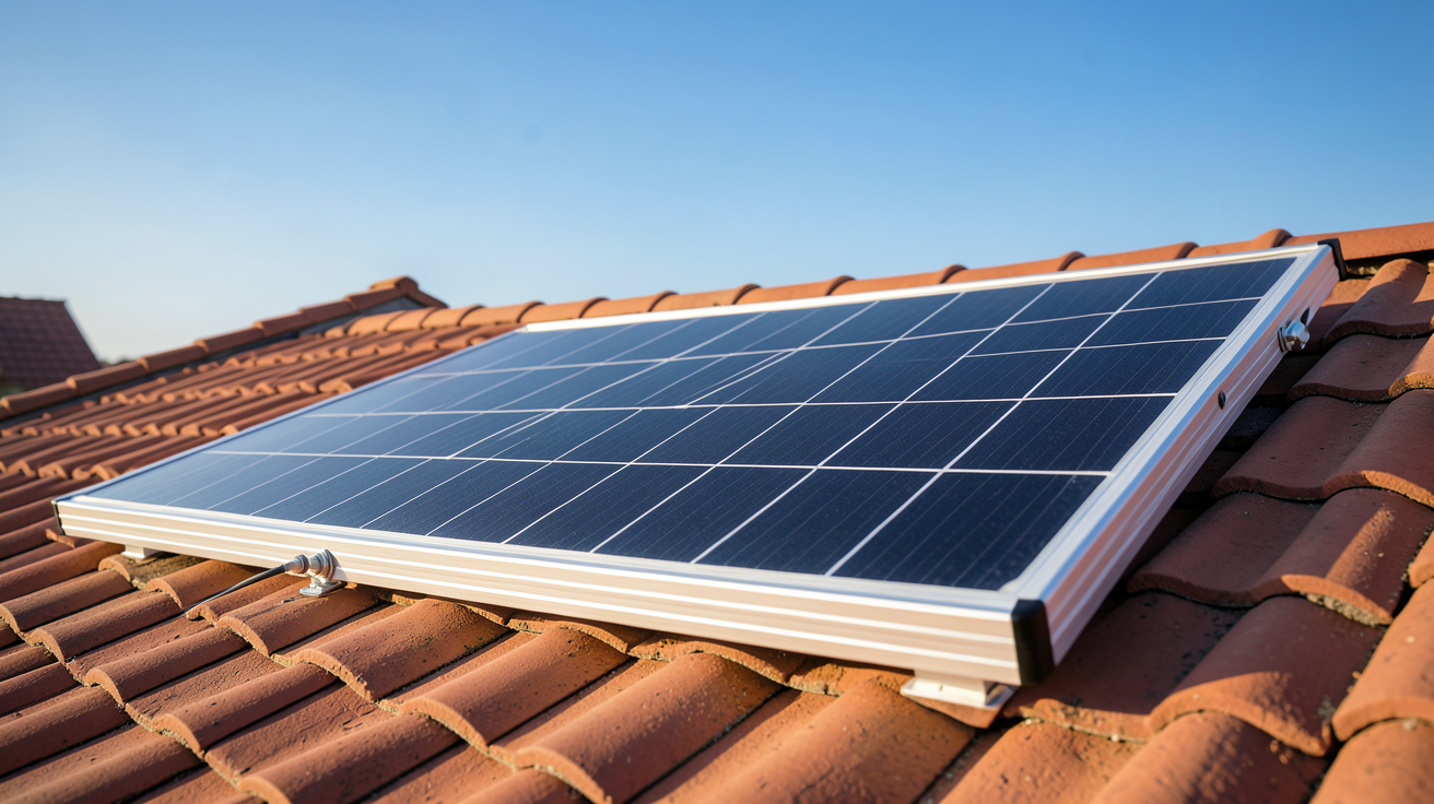 panneau solaire 24 volts 300 watts installé sur un toit résidentiel en tuiles rouges