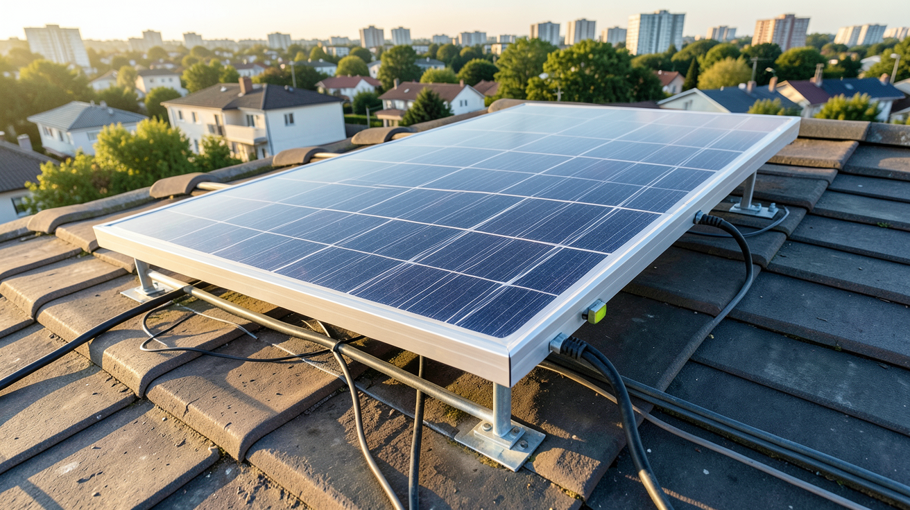 panneau solaire 24 volts 300 watts en cours d'installation sur un toit résidentiel pour autoconsommation