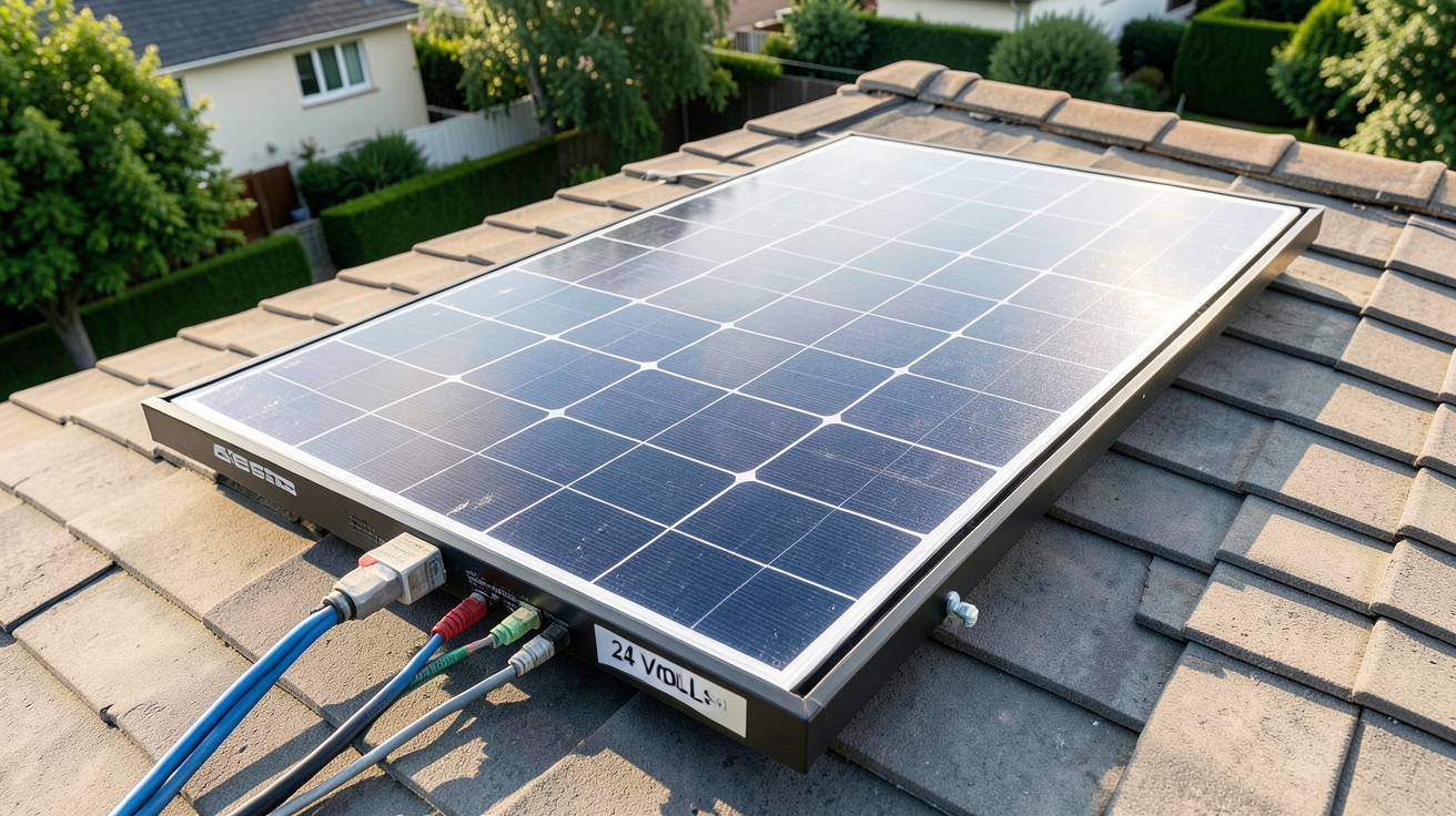 panneau solaire 24 volts installé sur un toit résidentiel en cours d'installation