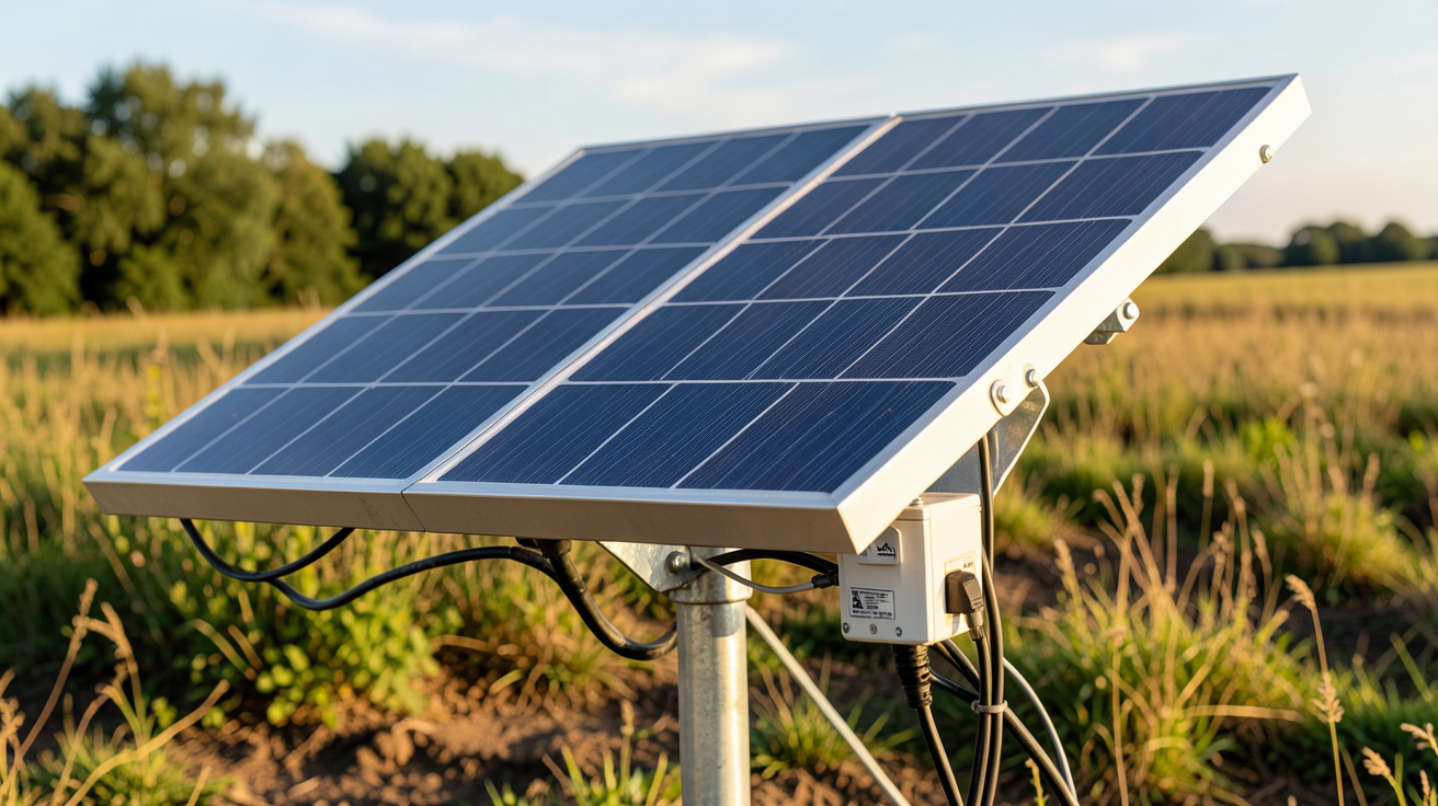 panneau solaire 24 volts installé sur un support métallique en milieu rural