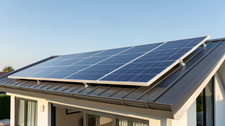 panneau solaire 24 volts installé sur le toit d'une maison moderne