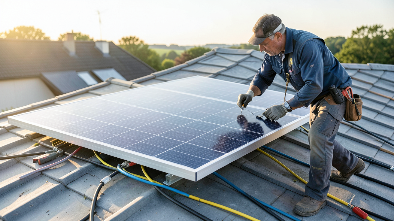 panneau solaire 24V 300W en cours d'installation sur un toit résidentiel par un professionnel