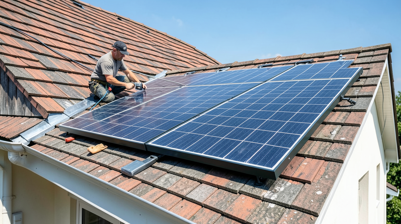 panneau solaire 24v 400w installation d'un panneau solaire 24V 400W sur un toit résidentiel, technicien en action, lumière naturelle, haut détail