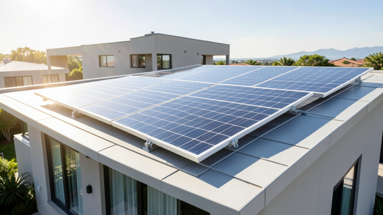 panneau solaire 24v 400w installé sur un toit sous un ciel ensoleillé