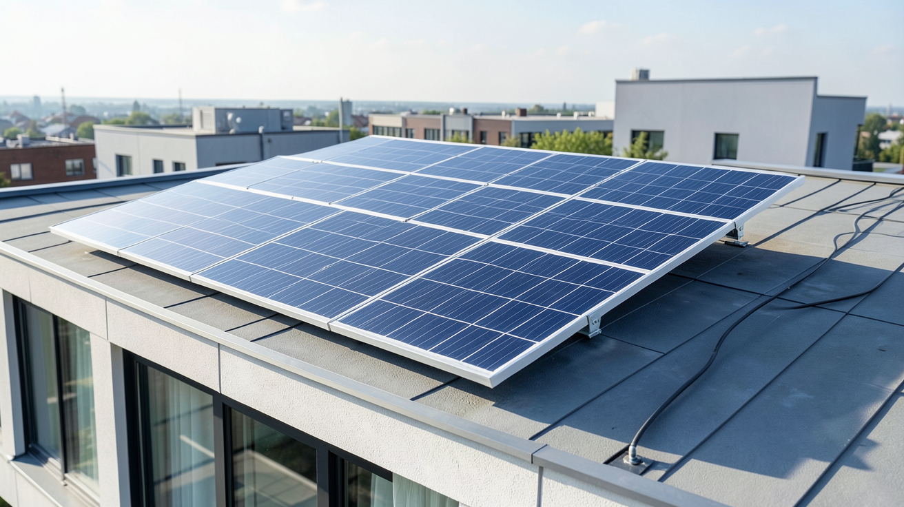 panneau solaire 24v 400w installé sur le toit d'un bâtiment moderne, éclairage naturel mettant en valeur ses cellules photovoltaïques.
