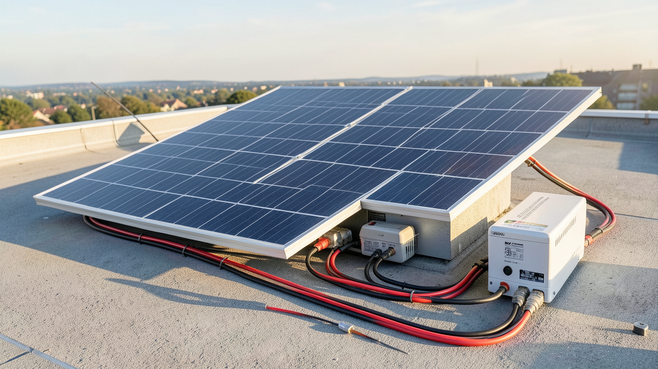 panneau solaire 24V 500W installé sur un toit avec câblage, régulateur MPPT, batterie et onduleur connectés
