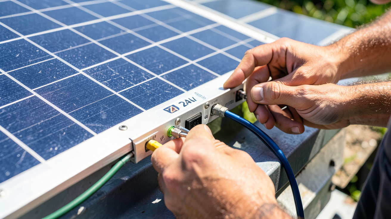 panneau solaire 24v en cours d'installation par un professionnel sur un support de fixation