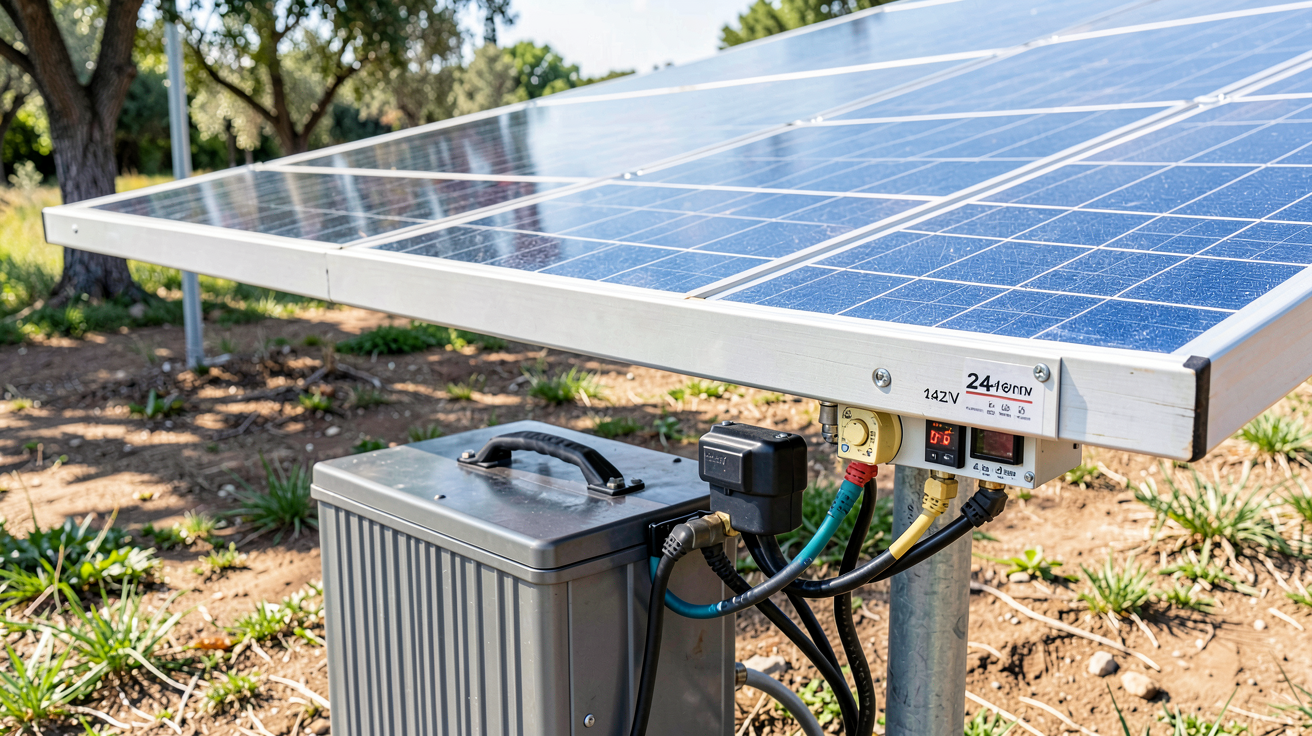 panneau solaire 24v sur batterie 12v connexion détaillée montrée sur photo réaliste