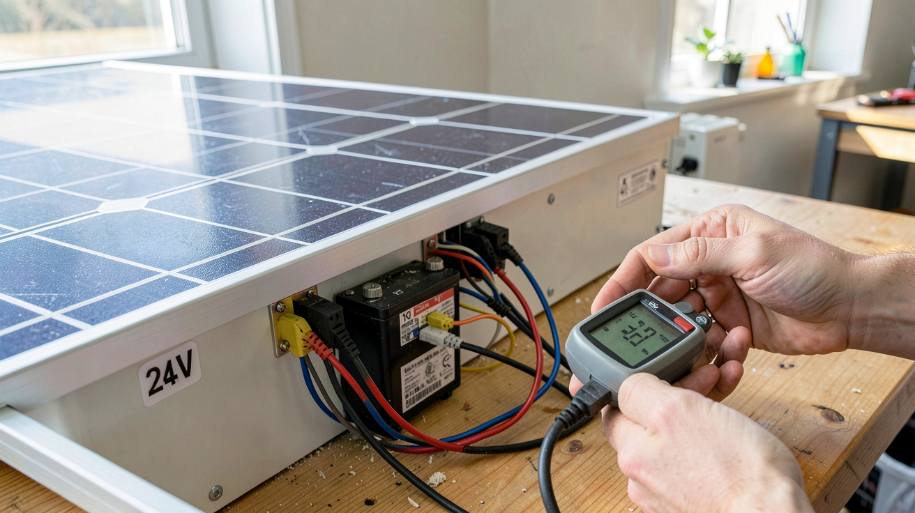 panneau solaire 24v sur batterie 12v dimensionnement, montrant le panneau solaire 24 V branché à une batterie 12 V avec un multimètre mesurant le courant admissible