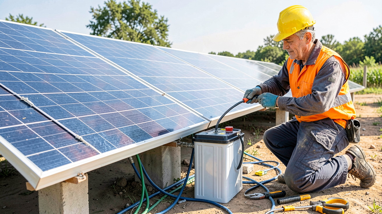 panneau solaire 24v sur batterie 12v installation guidée avec checklist de sécurité, technicien en tenue, outils et panneaux sous lumière naturelle