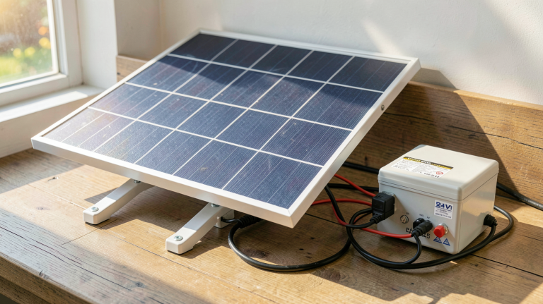 panneau solaire 24V sur batterie 12V installé dans un système d'autoconsommation énergétique domestique