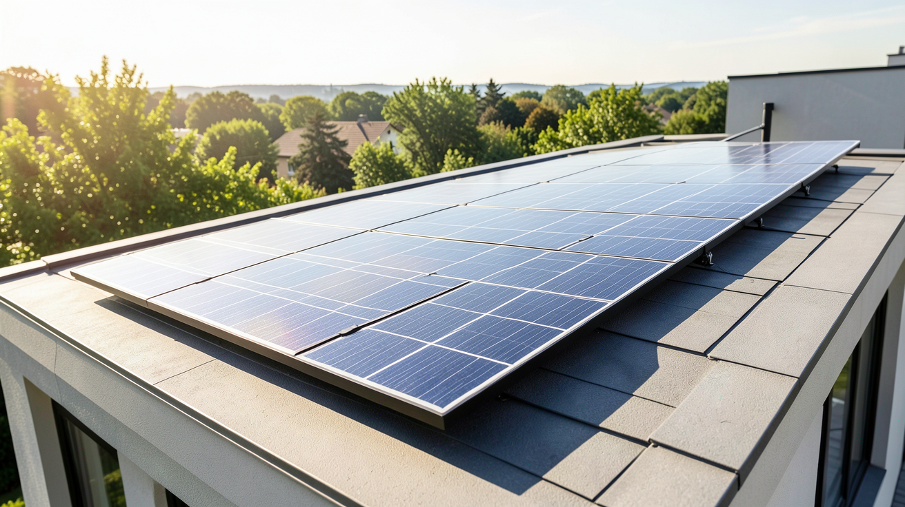 panneau solaire 24v installé sur le toit d'une maison résidentielle moderne