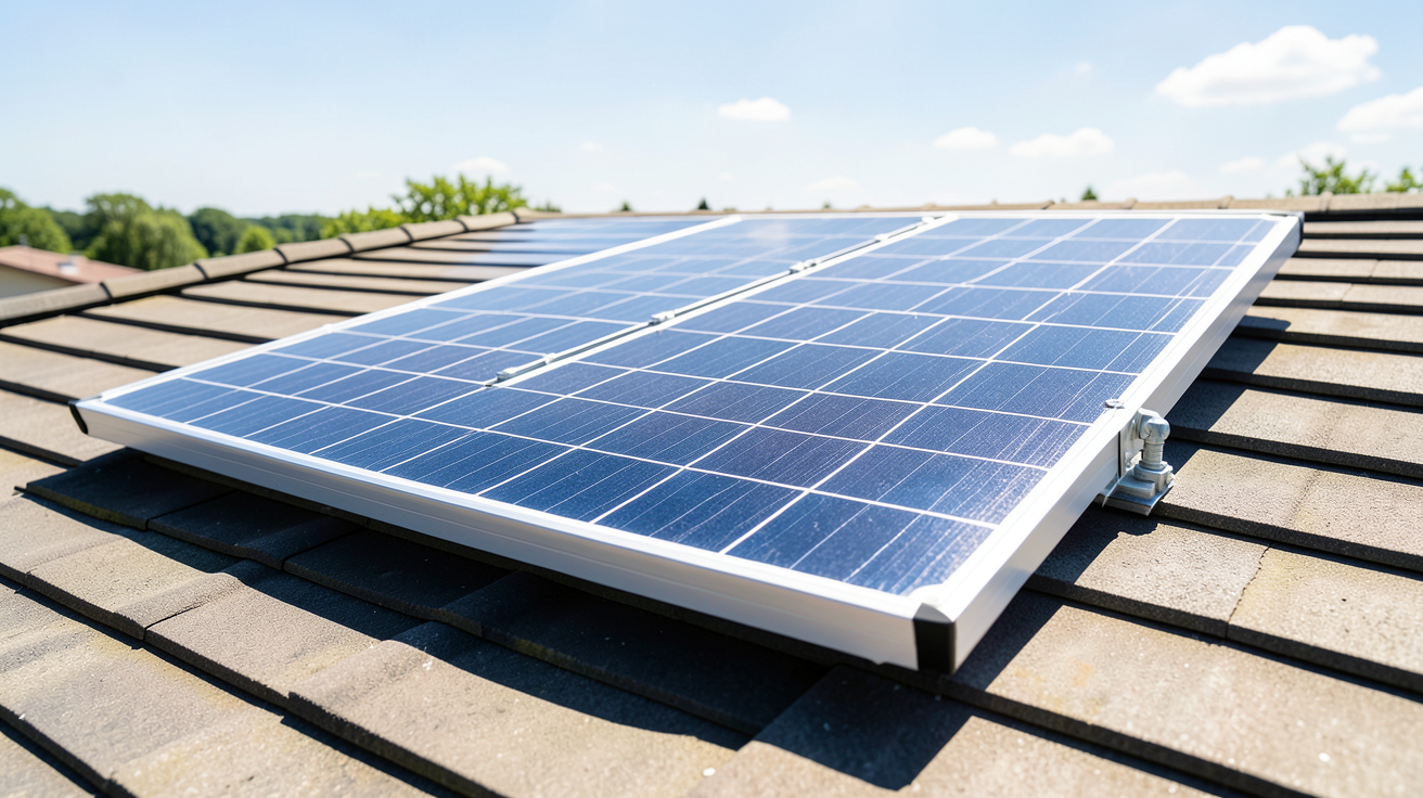 panneau solaire 250 watts installé sur un toit, montrant son cadre et ses cellules photovoltaïques sous la lumière du jour