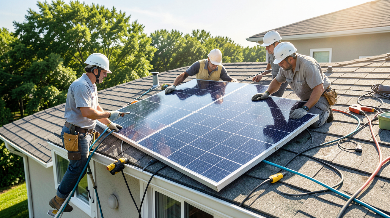 panneau solaire 250 watts installation sur le toit d'une maison, montrant les étapes clés avec techniciens, outils et câbles