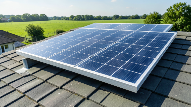 panneau solaire 250w 12v installé sur un toit vert, capturé en pleine lumière naturelle avec des détails nettes et un rendu professionnel.