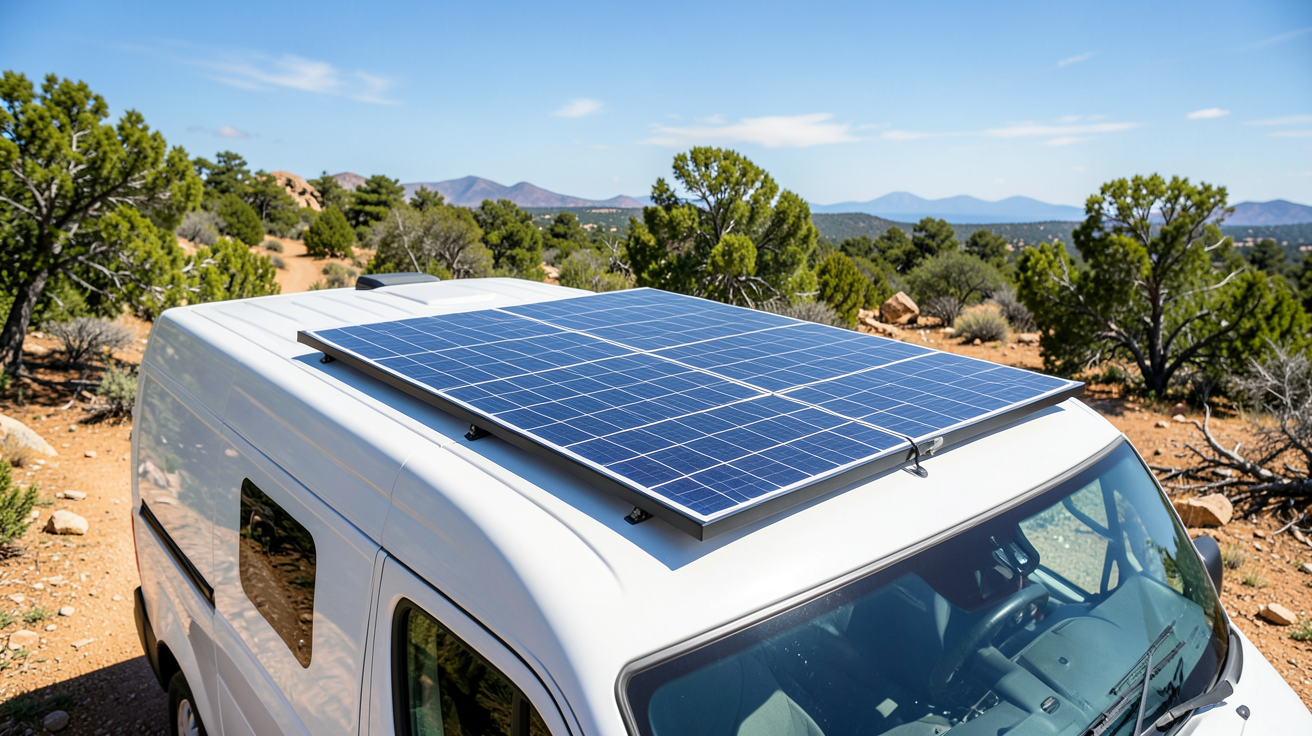 panneau solaire 250w 12v installé sur le toit d'un véhicule de loisirs en plein air