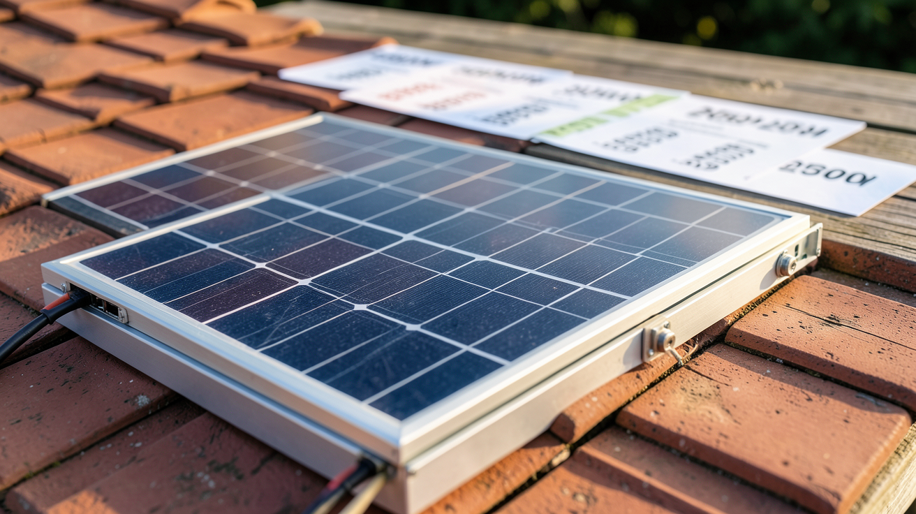 panneau solaire 250W avec étiquettes de prix neuf, occasion et kit posés sur une table en bois