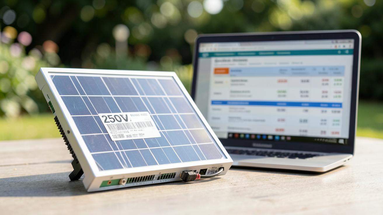 panneau solaire 250W posé sur une surface avec un écran affichant un comparatif de prix de fournisseurs