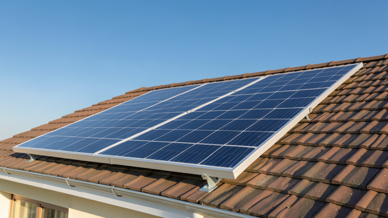 panneau solaire 250W installé sur le toit d'une maison individuelle avec un ciel bleu dégagé