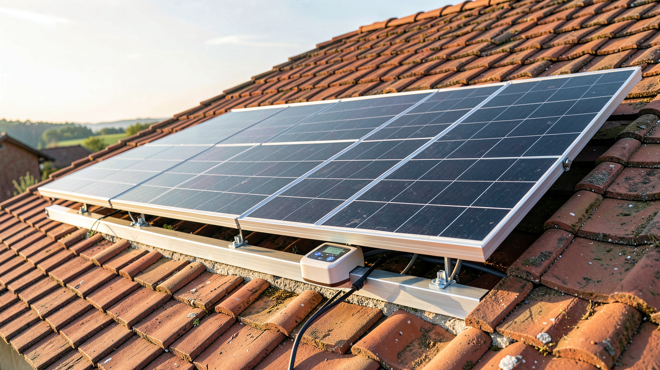panneau solaire 3 kWc avec onduleur hybride et structure de fixation sur toit en tuiles rouges