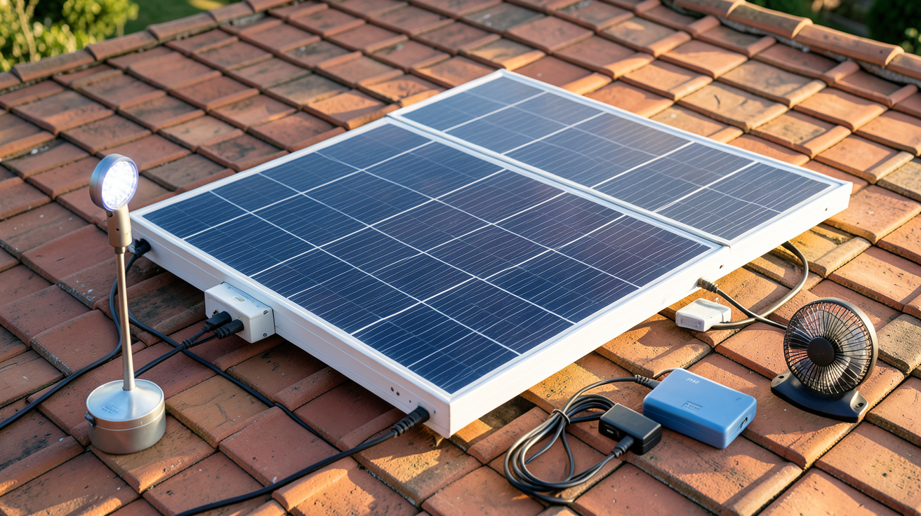 panneau solaire 300 watts alimentant une lampe LED, un ventilateur portable, un chargeur de smartphone et une batterie externe sur un toit
