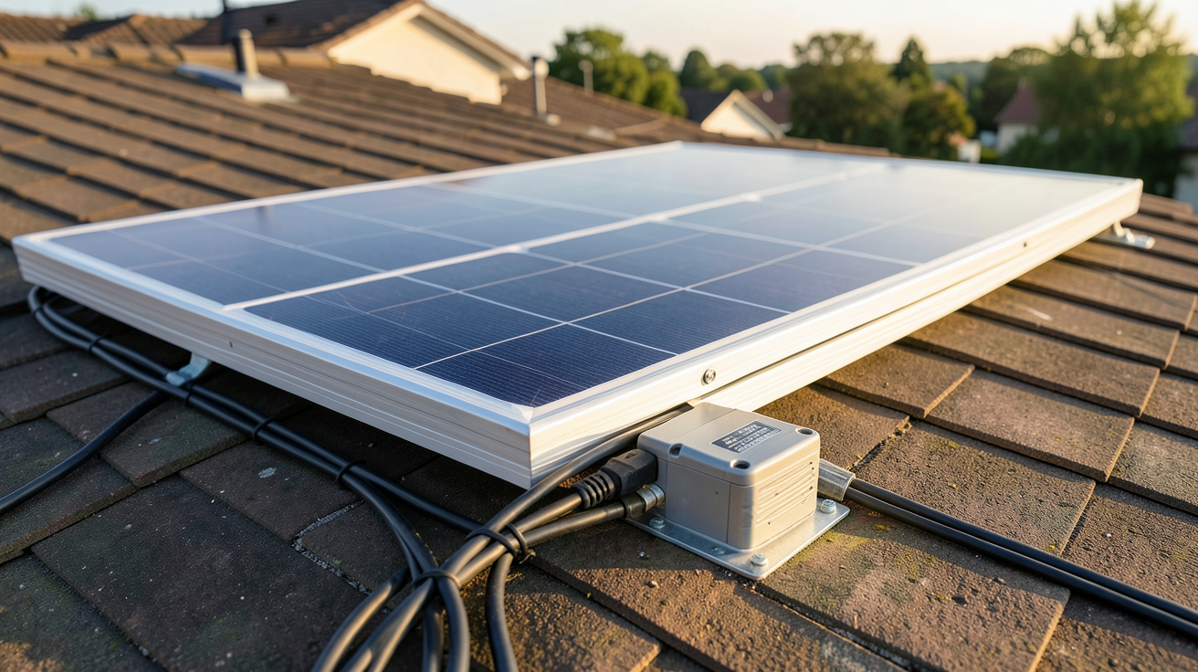 panneau solaire 300 watts installé sur un toit de maison avec câbles et onduleur