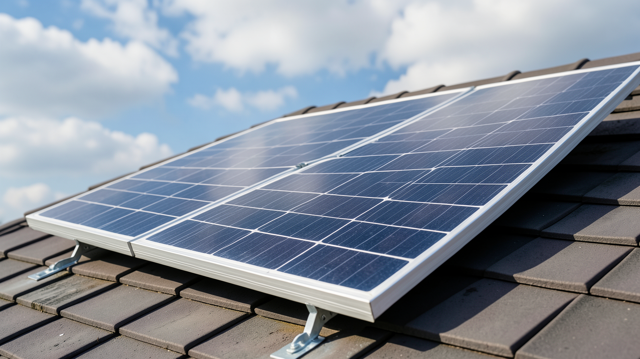panneau solaire 300 watts installé sur un toit incliné orienté sud produisant de l'électricité en conditions réelles