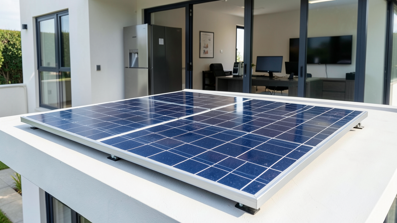 panneau solaire 3000 watts alimentant un réfrigérateur, une télévision et un ordinateur portable