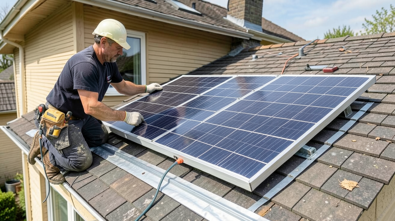 panneau solaire 3000 watts installé sur le toit d'une maison par un bricoleur