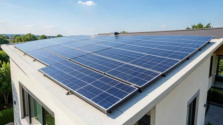 panneau solaire 3000 watts installé sur le toit d'une maison moderne, capturé en plein jour avec une lumière naturelle éclatante