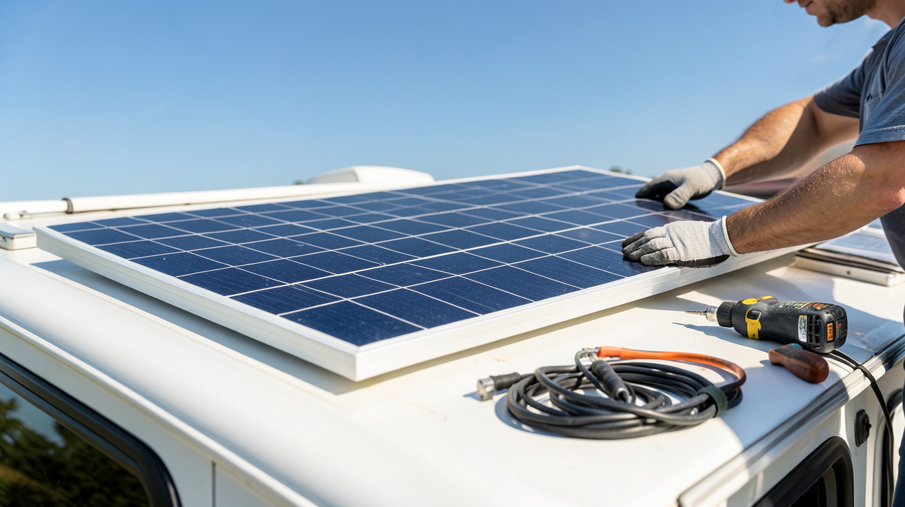 panneau solaire 300w 12v en cours d'installation sur le toit d'un camping-car