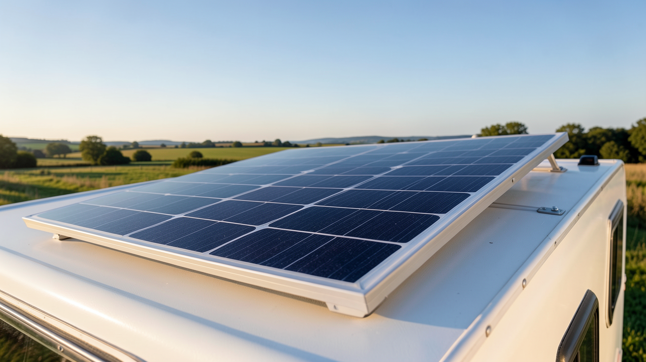 panneau solaire 300w 12v installé sur le toit d'un camping-car avec des fixations étanches et des cellules photovoltaïques visibles