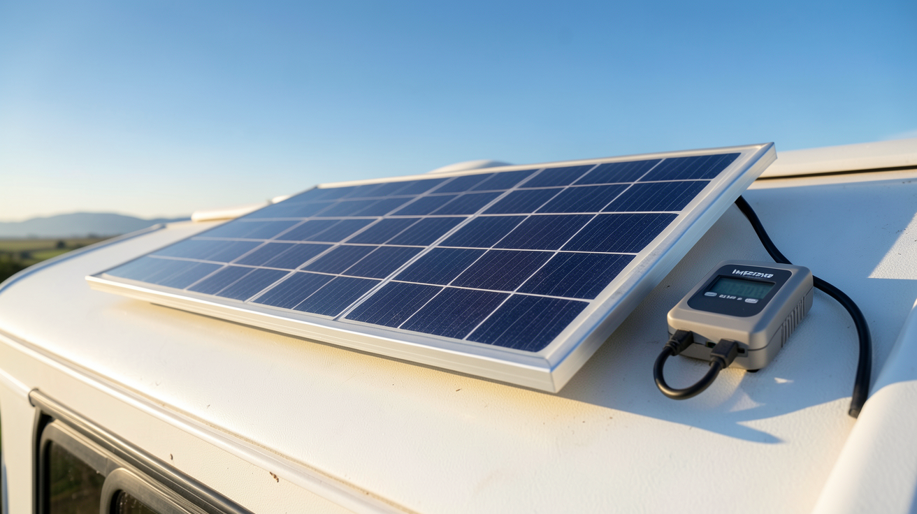 panneau solaire 300w 12v installé sur un camping-car avec un régulateur solaire MPPT connecté